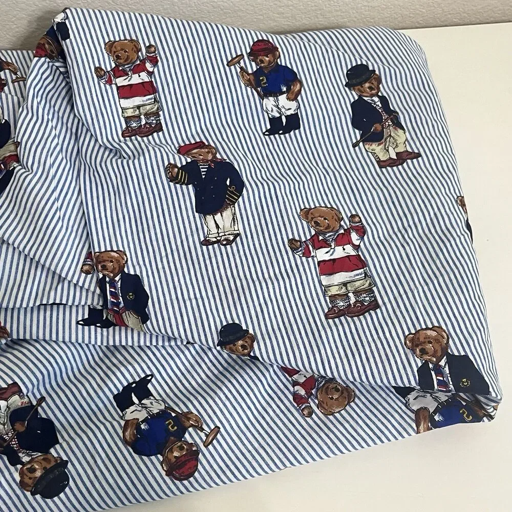Ralph Lauren Full Fitted Sheet Polo Bears Blue Striped Cotton USA Made
